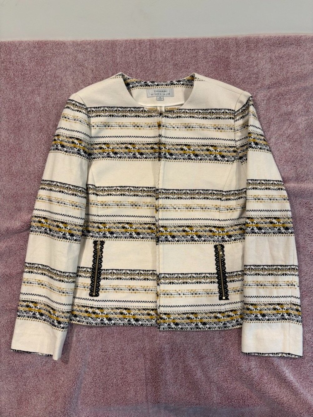 Tahari Arthur S Levine Geometric Blazer Jacket Size 16 Cream Yellow Tweed Knit